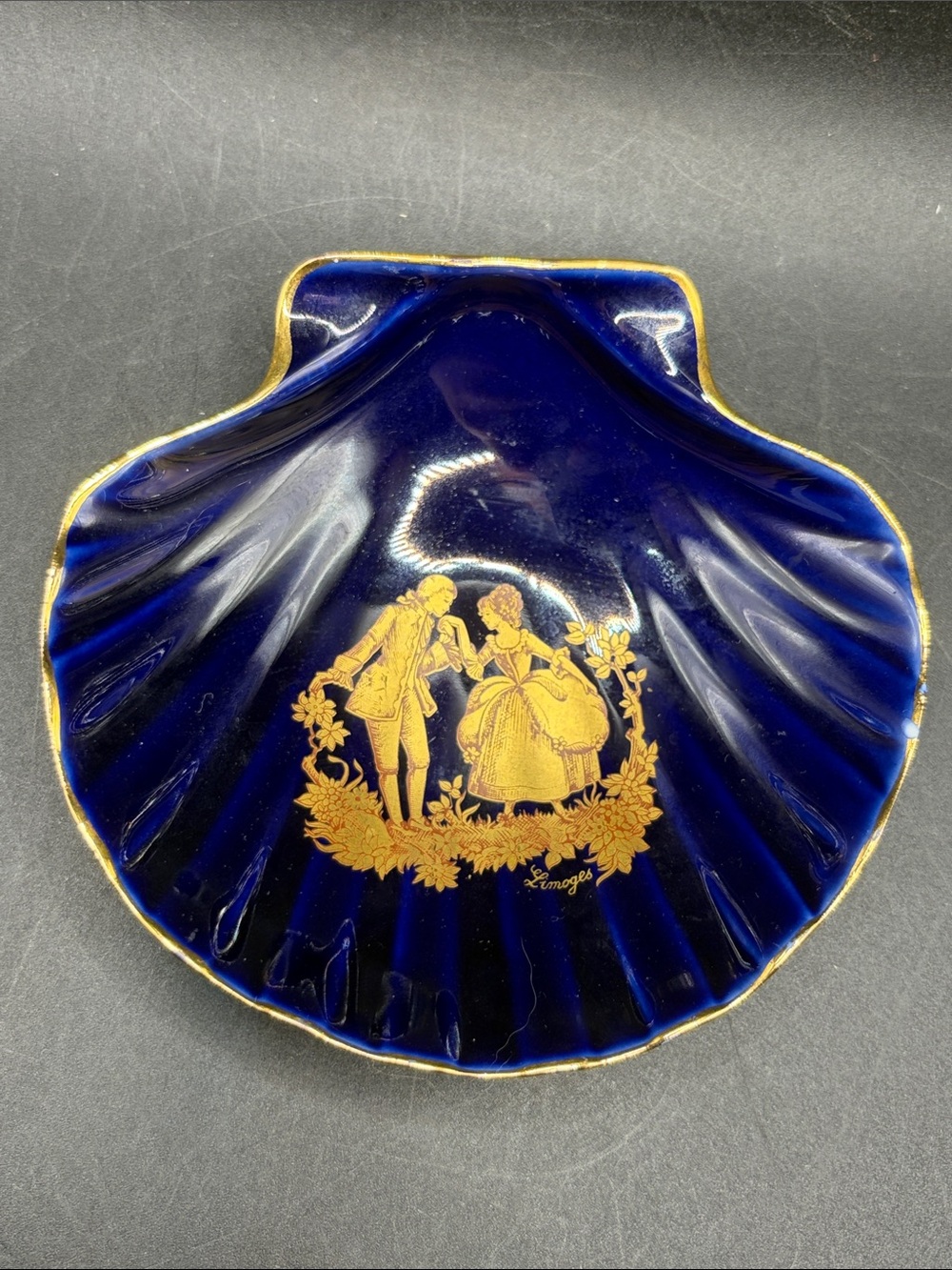 Limoges Castel France Cobalt Gilt Trim Clamshell Courting Couple Porcelain Dish